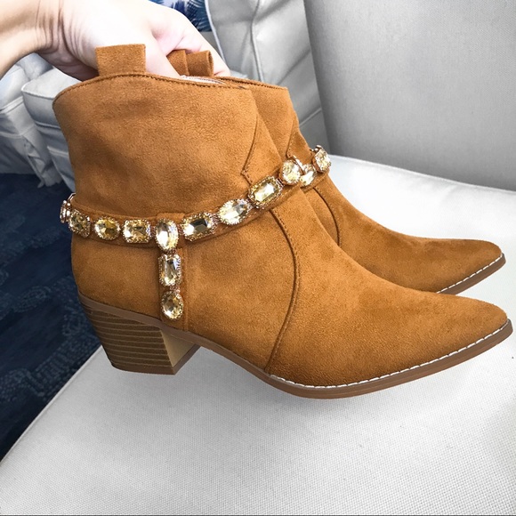 🆕 TAN FAUX SUADE GEMSTONE COWGIRL BOOTIES! - Picture 7 of 12